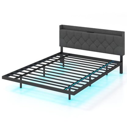 Full/Queen Size Floating Bed Frame with LED and Headboard and Charging Station-Full Size