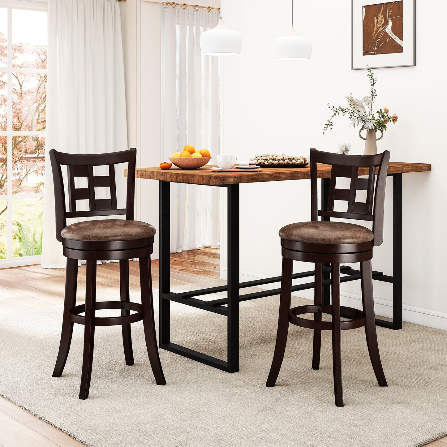 Set of 2 Bar Stools Swivel Bar Chairs with Footrest and Lattice Backrest-30 inches