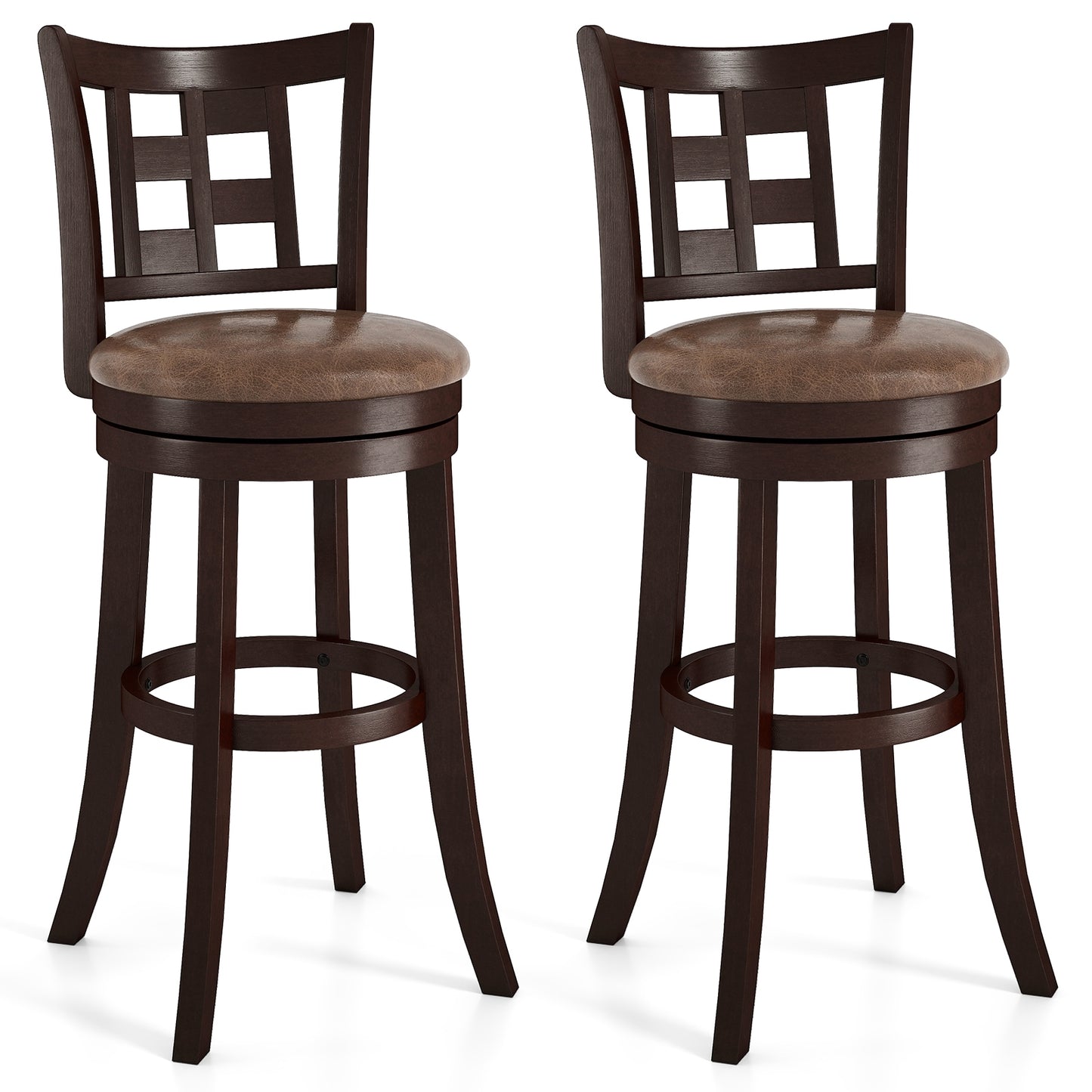 Set of 2 Bar Stools Swivel Bar Chairs with Footrest and Lattice Backrest-30 inches