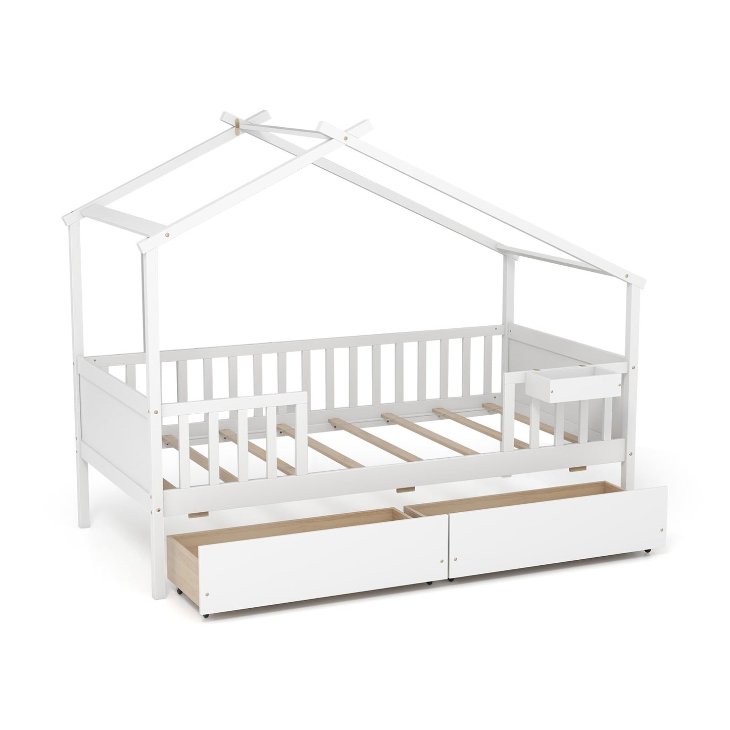 Twin House Bed with 2 Storage Drawers and Roof & Fence Rails-Natural