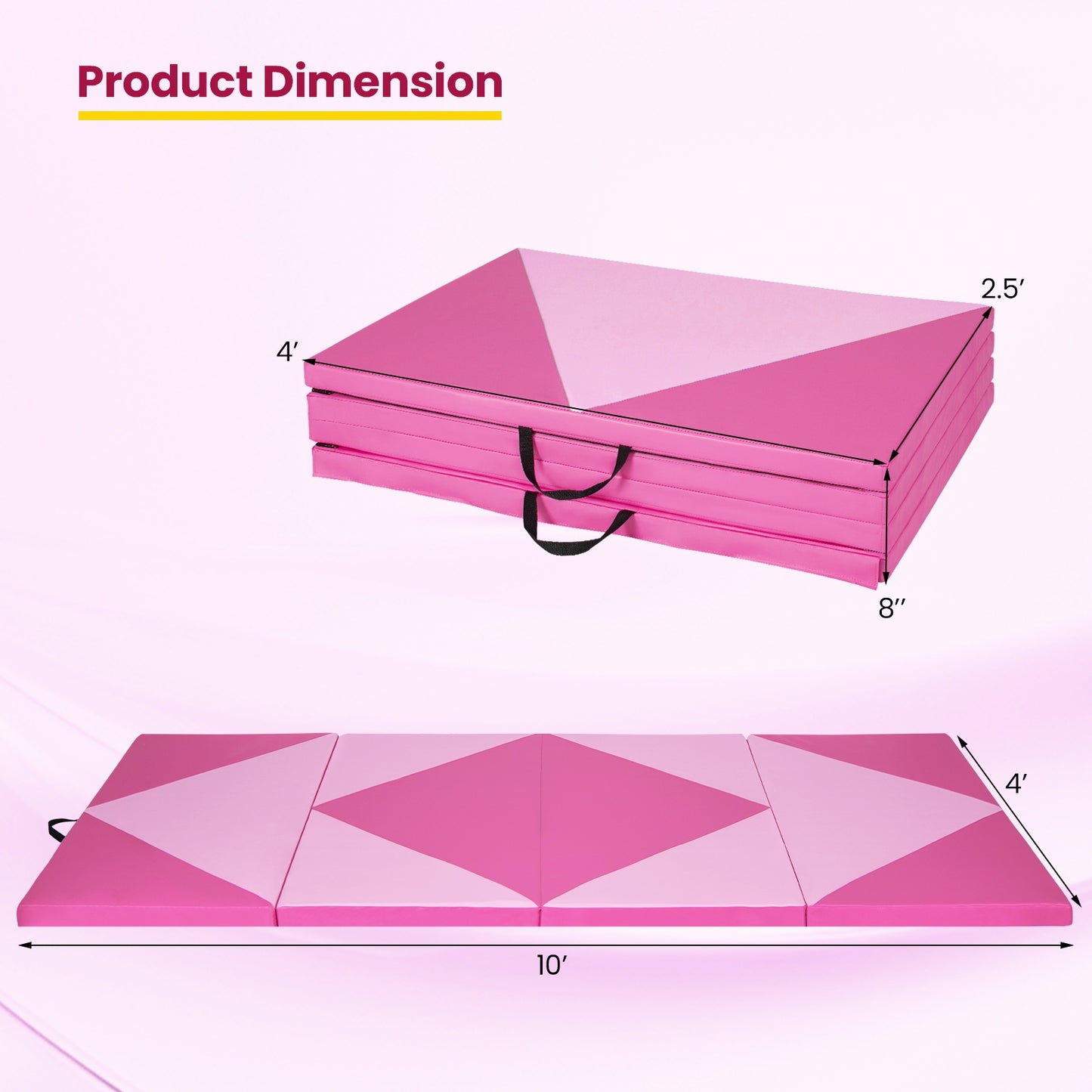 4-Panel PU Leather Folding Exercise Gym Mat with Hook and Loop Fasteners-Pink