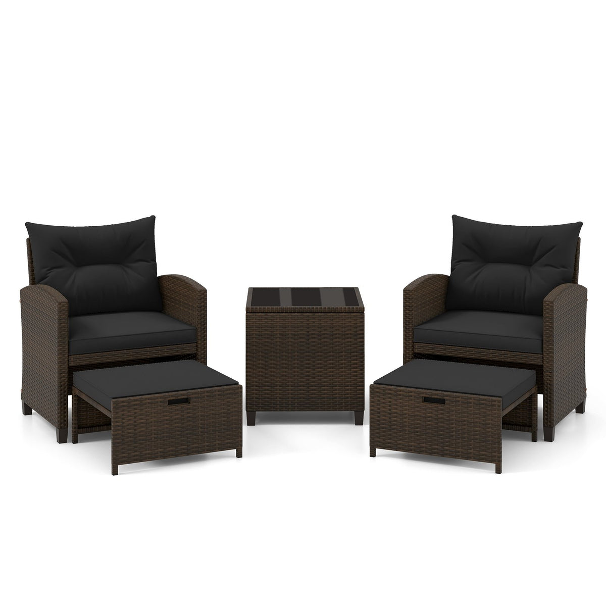 Beige 5-piece patio rattan furniture set with two ottomans and glass coffee table for outdoor patio relaxation.