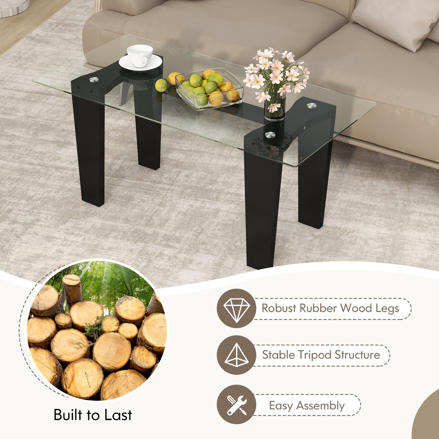 39.5 Inch Glass Coffee Table Modern Rectangular Center Table with Solid Rubber Wood Legs-Black