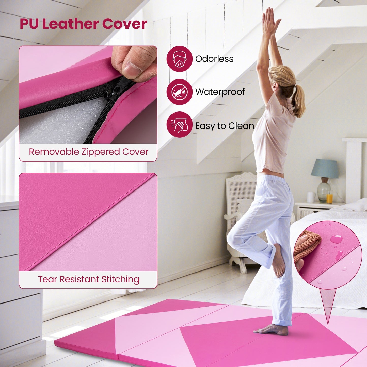 4-Panel PU Leather Folding Exercise Gym Mat with Hook and Loop Fasteners-Pink