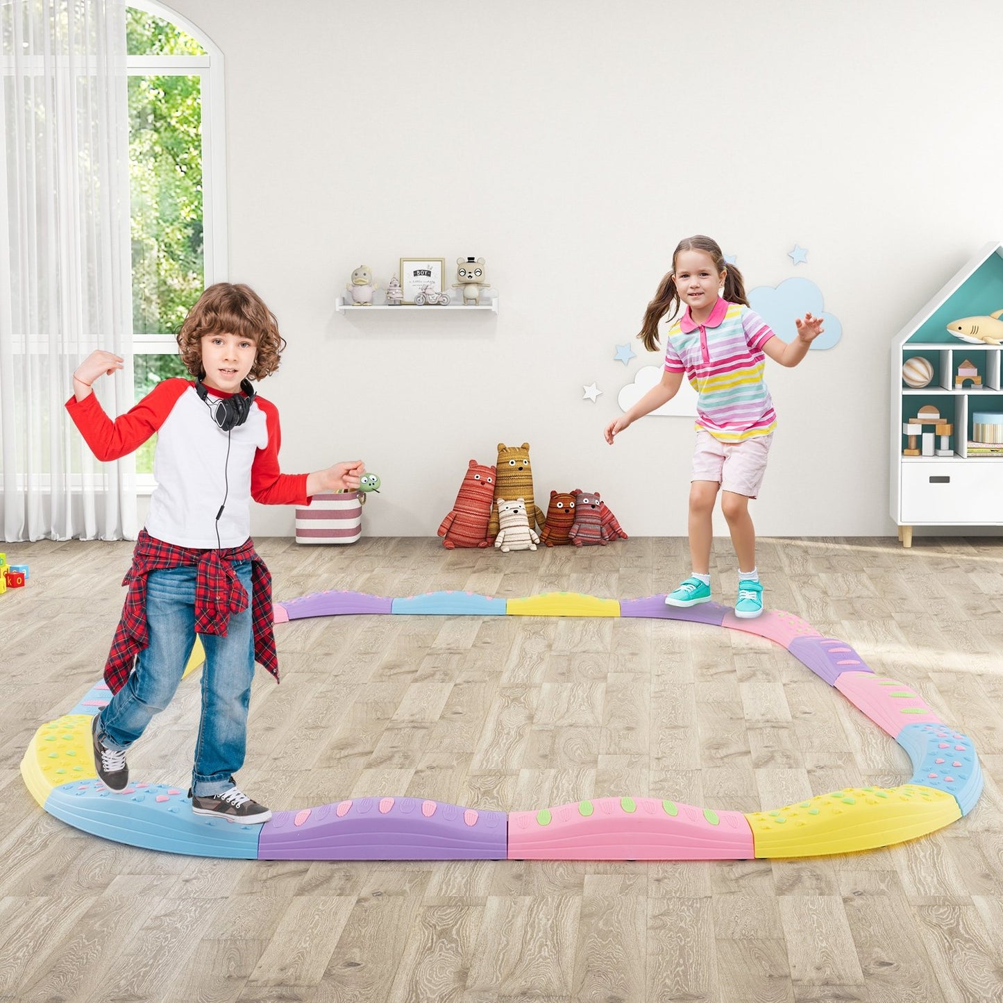 Colorful Kids Wavy Balance Beam with Textured Surface and Non-slip Foot Pads-Blue & Orange