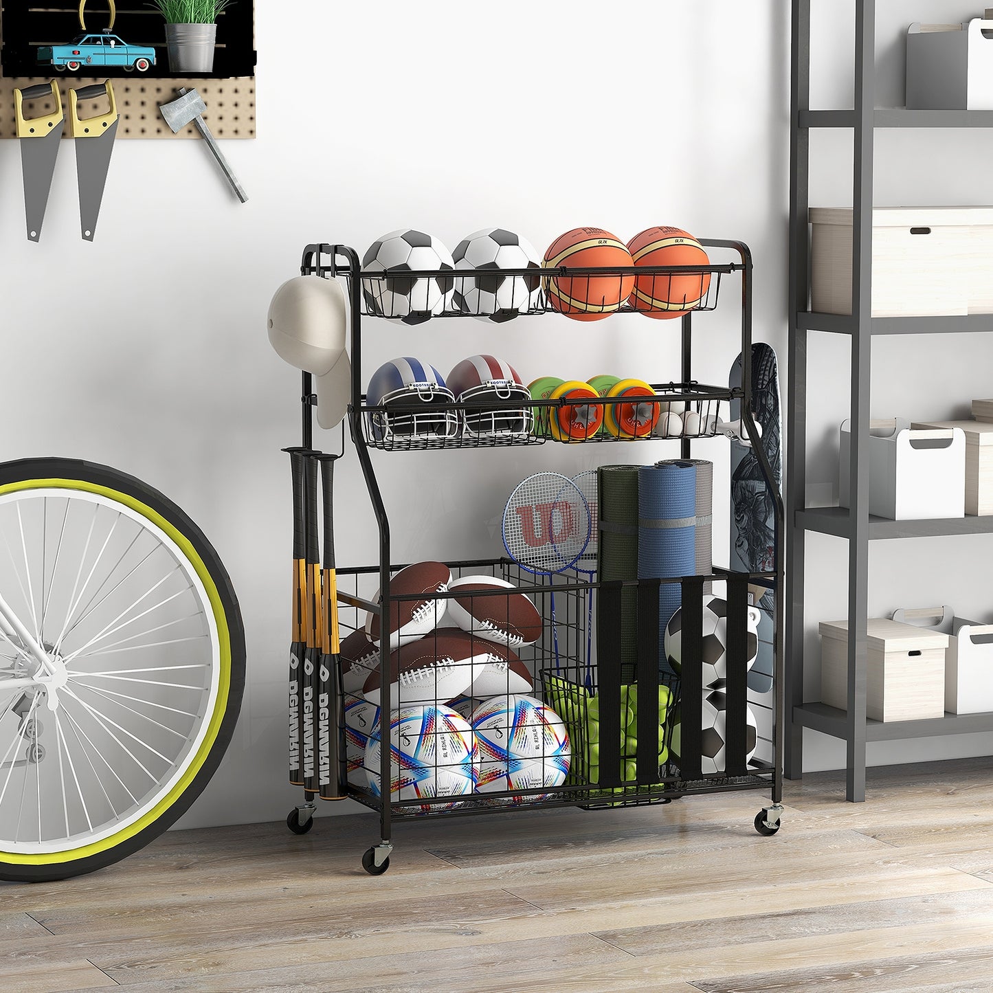Garage Sports Equipment Organizer with Hooks & Baskets for Basketball-Black
