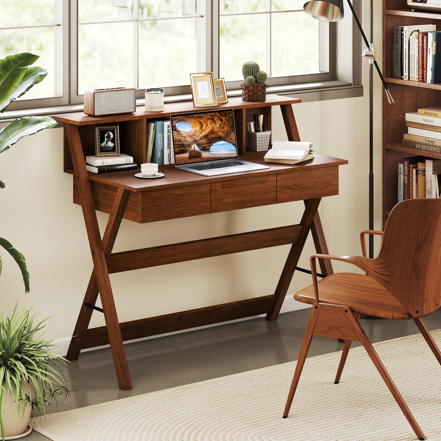 Oak mid-century home office desk with three storage drawers and monitor stand, stylish furniture for computer workspace.