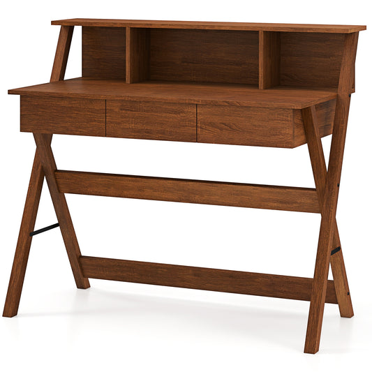 Oak mid-century home office desk with 3 storage drawers and monitor stand, stylish computer desk from Wilsons Home Store.