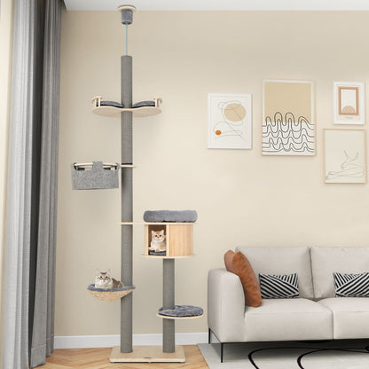 6-tier Floor-to-Ceiling Cat Tree 100-110 Inches Adjustable Height-Natural