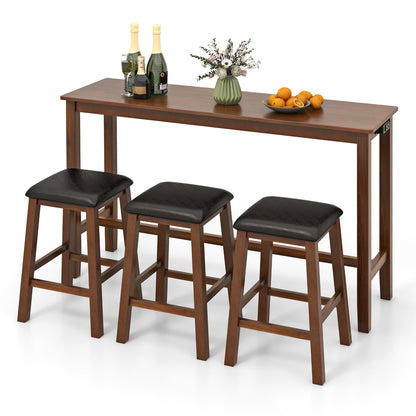 4-Piece Bar Table Set Counter-Height Table and 3 PVC Leather Upholstered Bar Stools-Brown