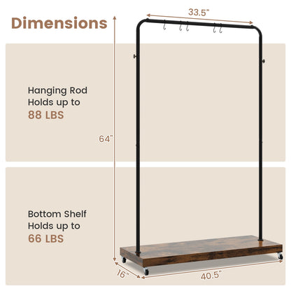 Rolling Garment Rack with Hanging Hooks and Bottom Storage Shelf