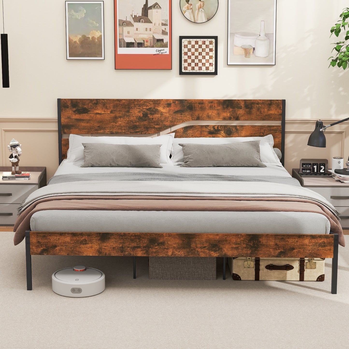 Twin/Full/Queen/King Metal Bed Frame with Wooden Headboard and Footboard-King Size