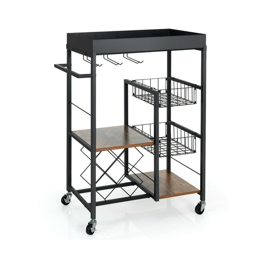 Kitchen Island Cart on Wheels with Removable Top and Wine Rack-Rustic Brown