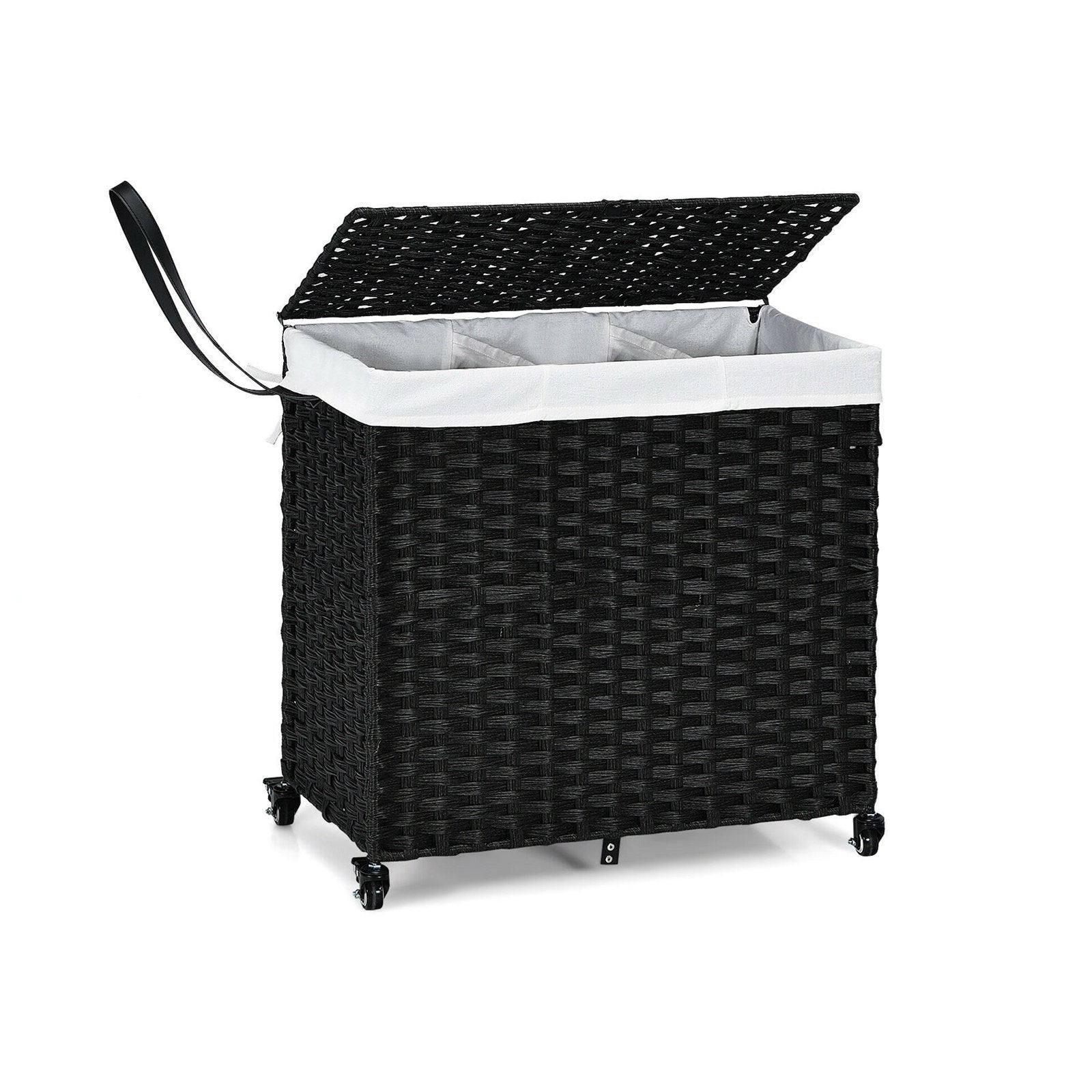 Black laundry hamper with wheels and lid, plastic storage basket for bathroom or laundry room organization.