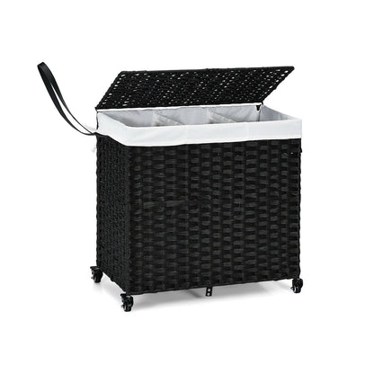 Black laundry hamper with wheels and lid, plastic storage basket for bathroom or laundry room organization.