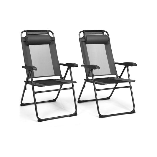 2 Pieces Patio Adjustable Folding Recliner Chairs with 7 Level Adjustable Backrest-Gray