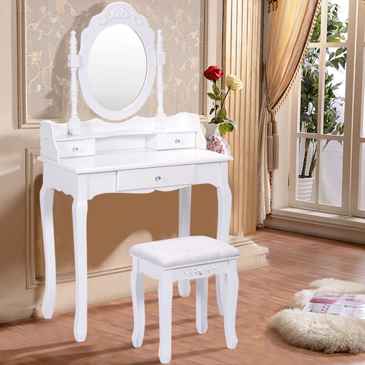 Vanity Table Set with Cushioned Stool with 360° Rotating Oval Mirror and Three Drawers-White - Direct by Wilsons Home Store
