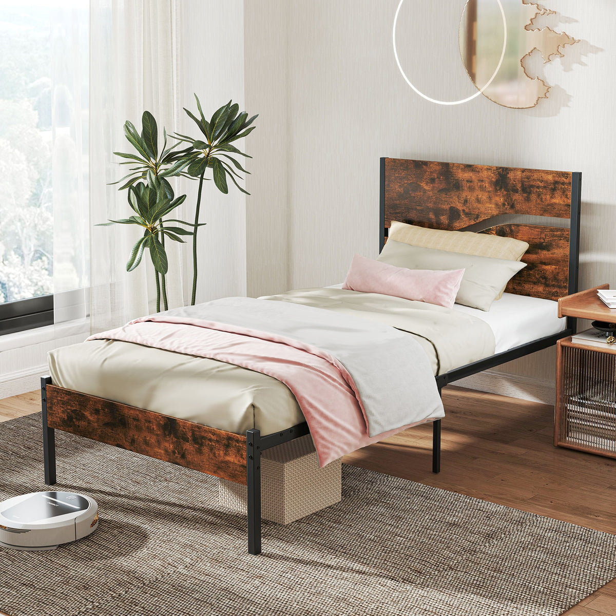 Twin/Full/Queen/King Metal Bed Frame with Wooden Headboard and Footboard-Twin Size