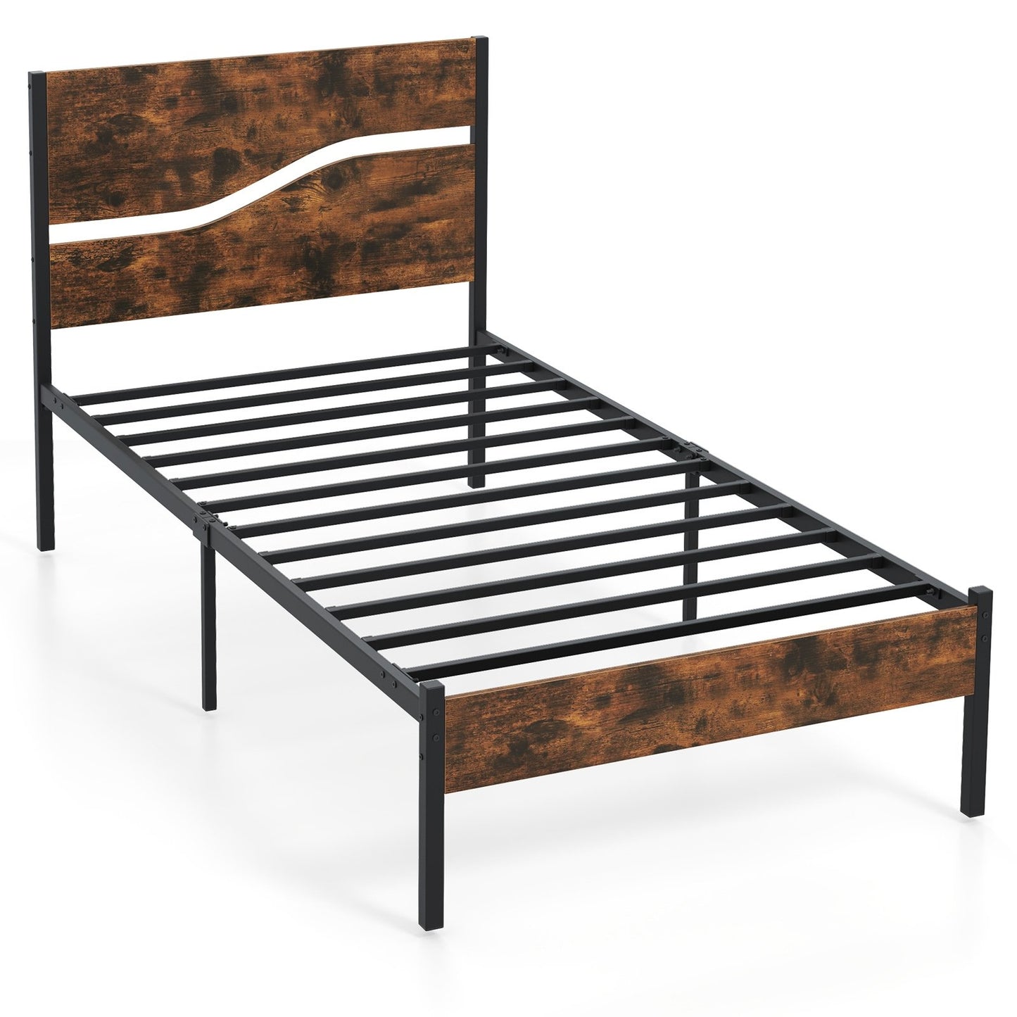 Twin/Full/Queen/King Metal Bed Frame with Wooden Headboard and Footboard-King Size