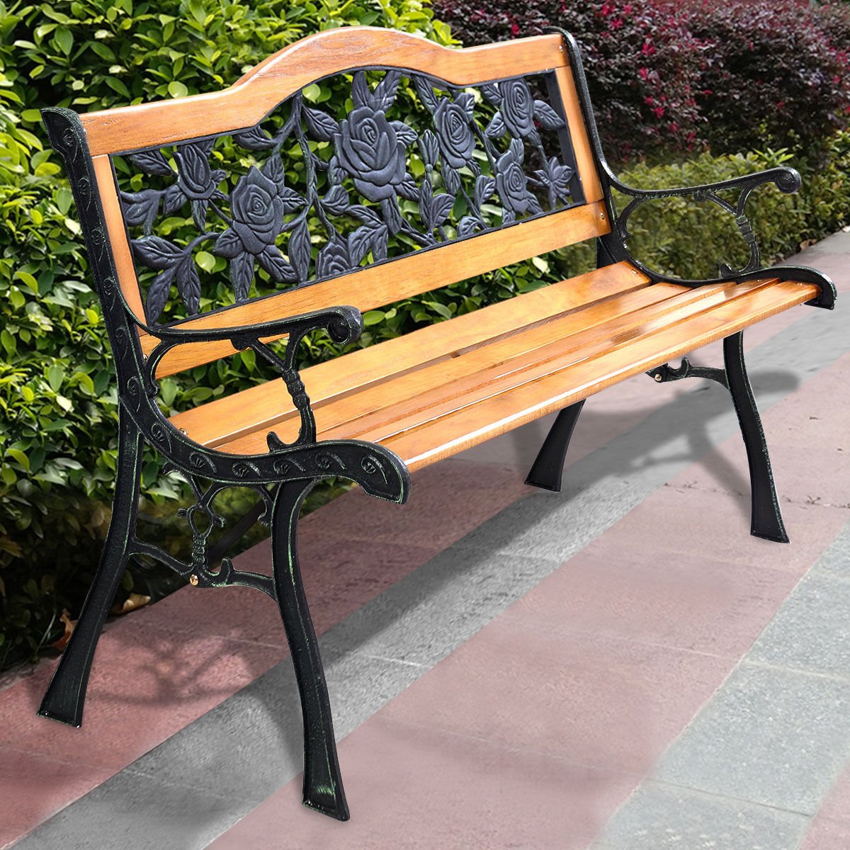 Outdoor Bench Cast Iron Patio Bench with Rose Pattern Backrest