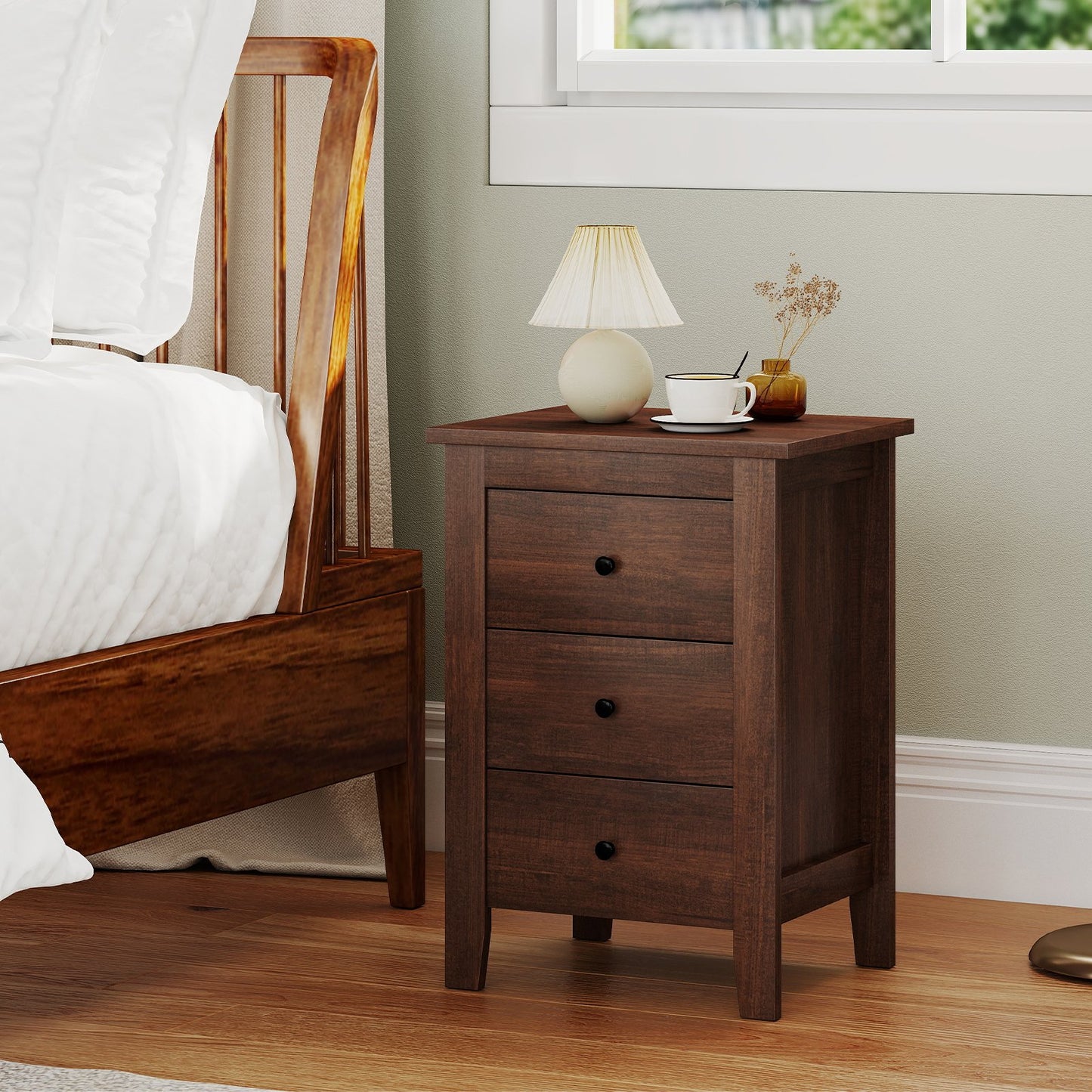 Set of 2 Nightstand End Beside Table Drawers-Black