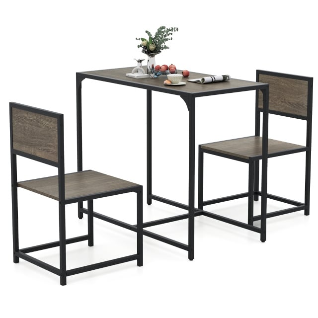 3 Pcs Dining Set Compact Table and 2 Chair with Metal Frame for for Small Space-Coffee