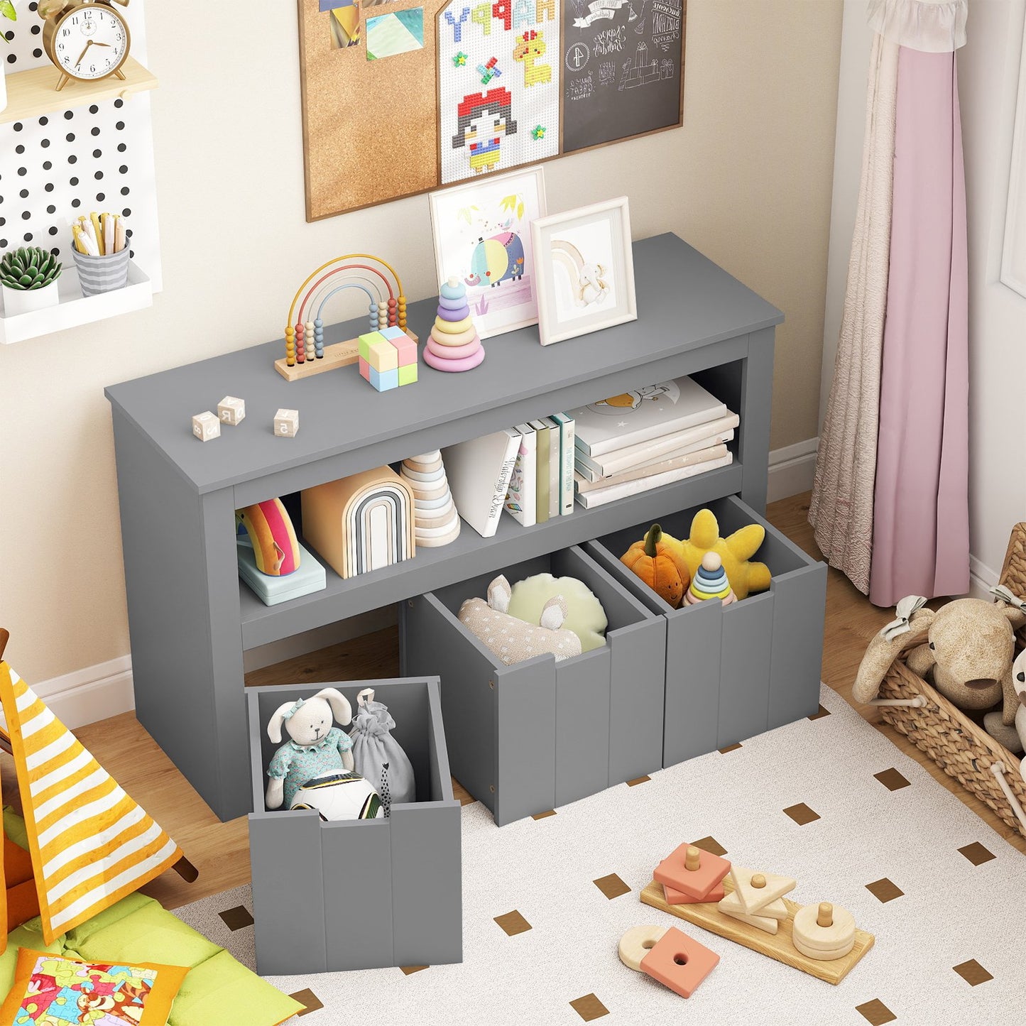 Kid Toy Storage Cabinet 3 Drawer Chest with Wheels Large Storage Cube Shelf-Black