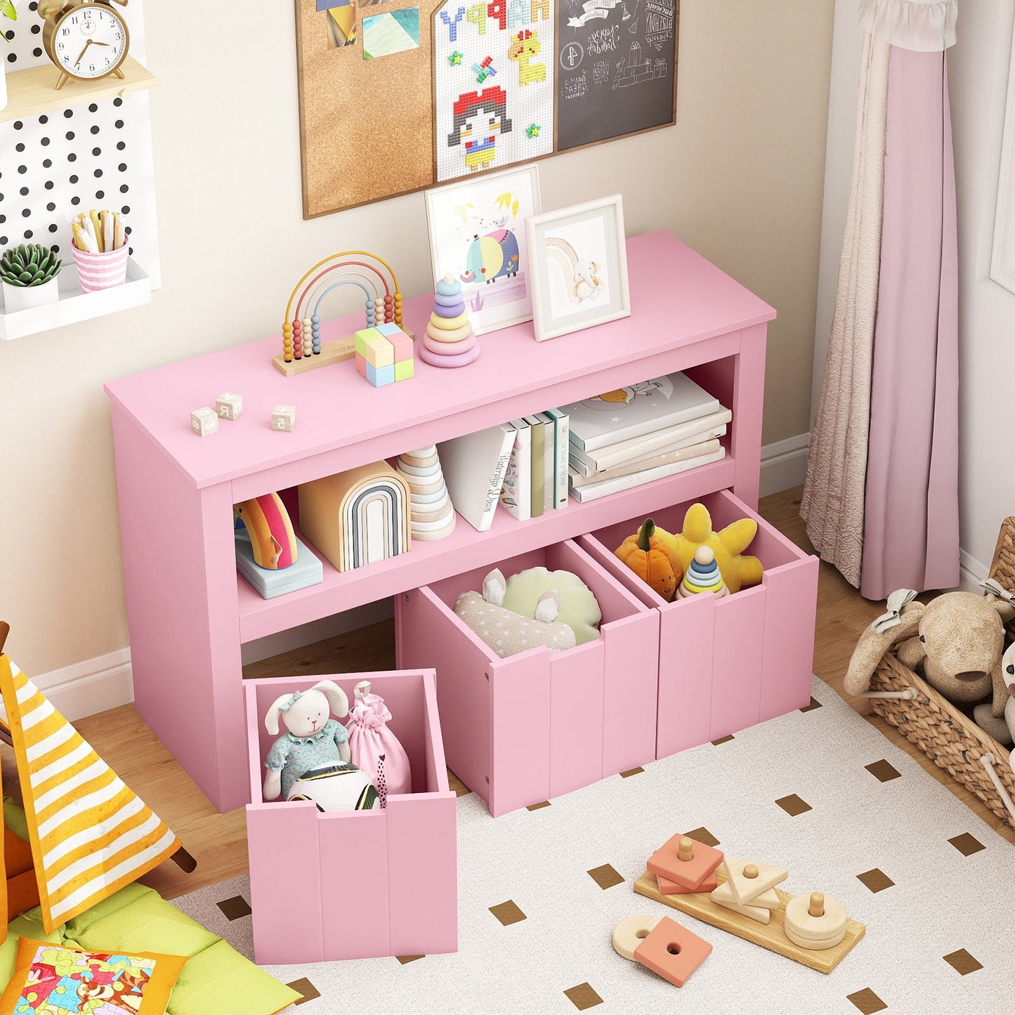 Kid Toy Storage Cabinet 3 Drawer Chest with Wheels Large Storage Cube Shelf-Black