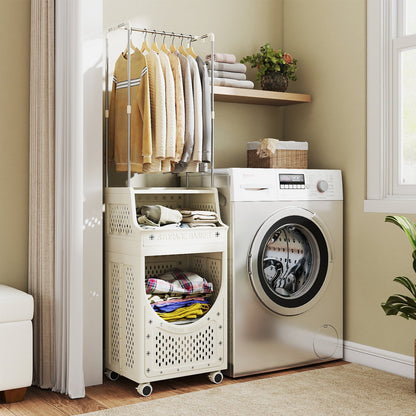 4-Tier Laundry Cart Folding Hamper with Hanging Bar and 8 Hanging Hooks
