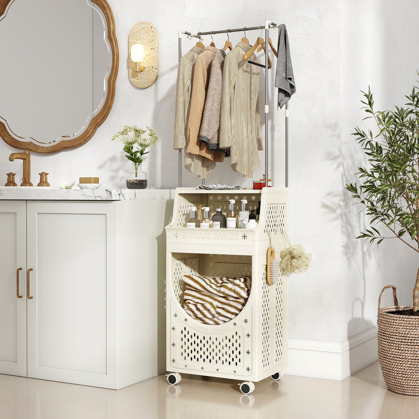4-Tier Laundry Cart Folding Hamper with Hanging Bar and 8 Hanging Hooks