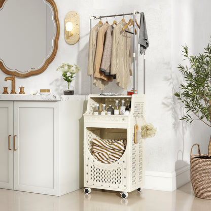 3-Tiers Laundry Cart Folding Hamper with Hanging Bar and 8 Hanging Hooks