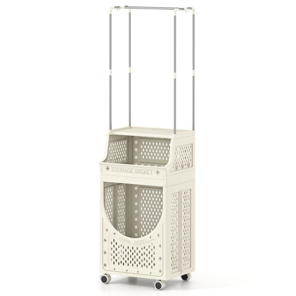 4-Tier Laundry Cart Folding Hamper with Hanging Bar and 8 Hanging Hooks
