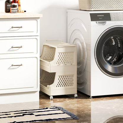 4-Tier Rolling Laundry Basket with Wheels Plastic Storage Cart with Side Hooks