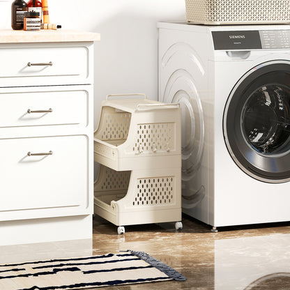 3-Tier Rolling Laundry Basket with Wheels Plastic Storage Cart with Side Hooks