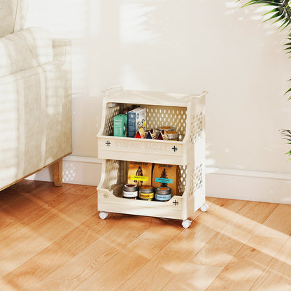 4-Tier Rolling Laundry Basket with Wheels Plastic Storage Cart with Side Hooks