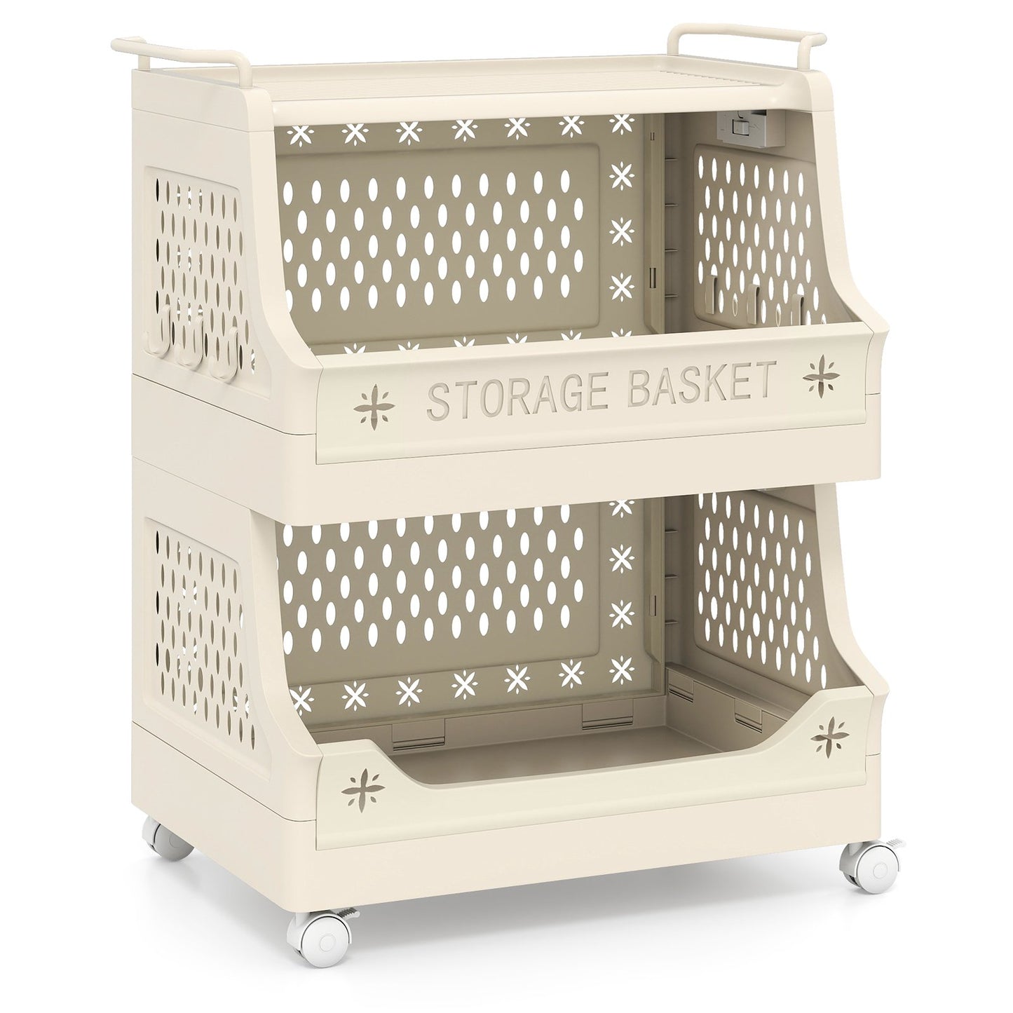 4-Tier Rolling Laundry Basket with Wheels Plastic Storage Cart with Side Hooks
