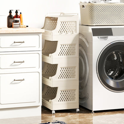 4-Tier Rolling Laundry Basket with Wheels Plastic Storage Cart with Side Hooks
