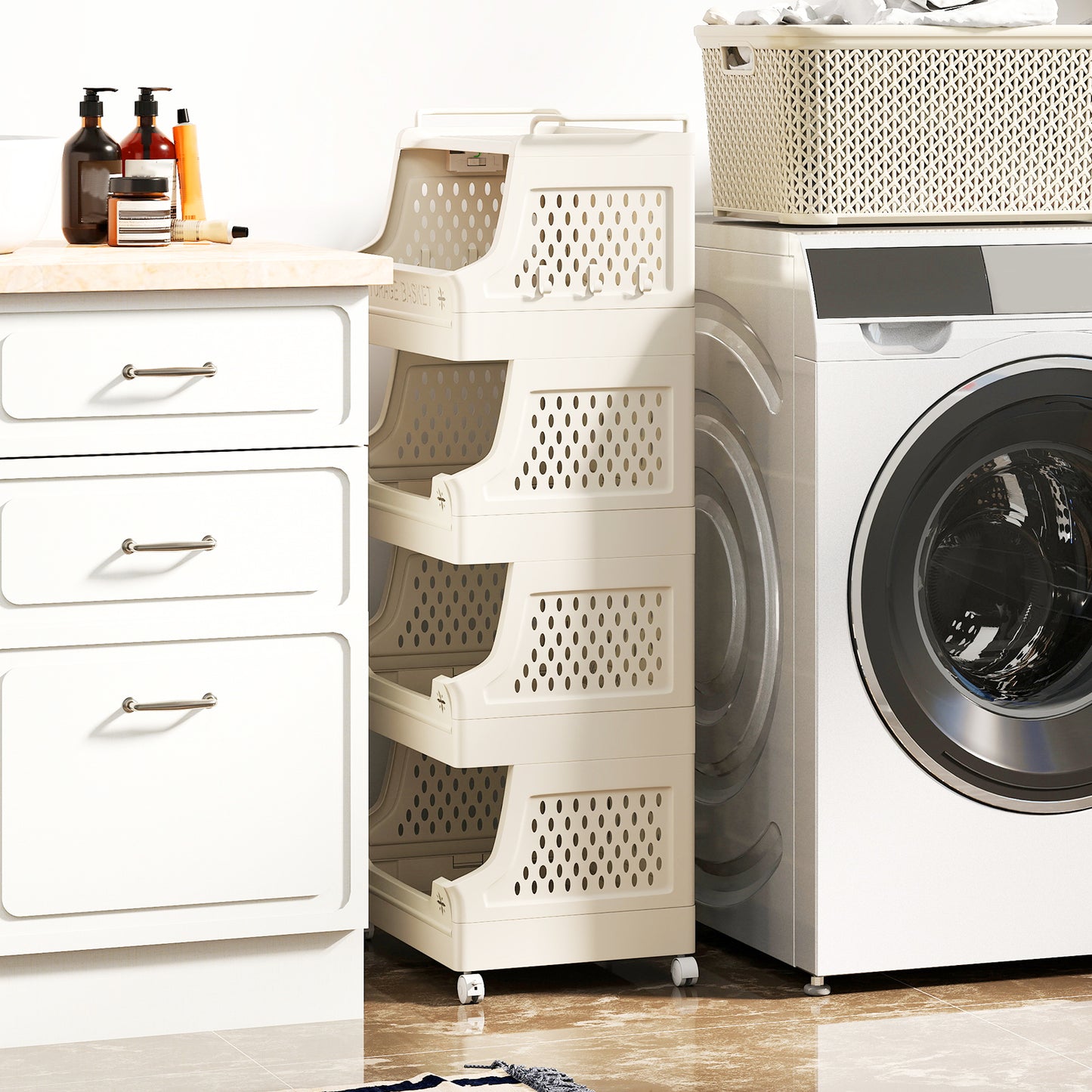 5-Tier Rolling Laundry Basket with Wheels Plastic Storage Cart with Side Hooks