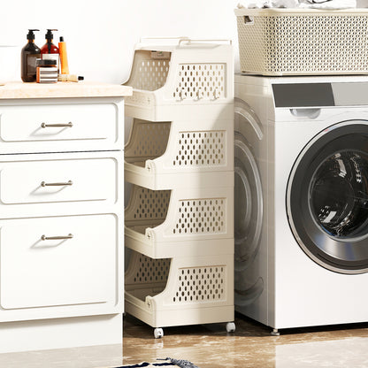 5-Tier Rolling Laundry Basket with Wheels Plastic Storage Cart with Side Hooks