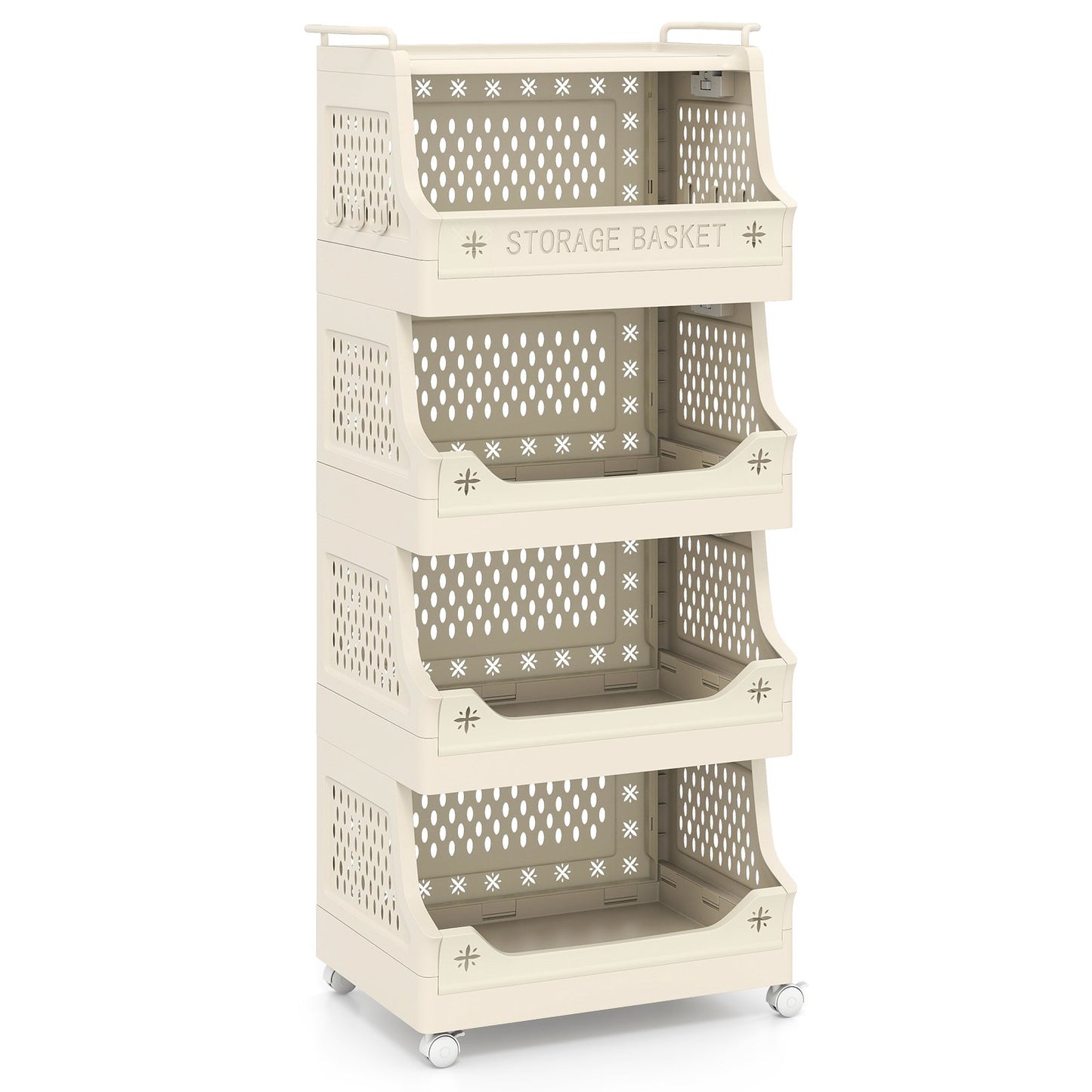 4-Tier Rolling Laundry Basket with Wheels Plastic Storage Cart with Side Hooks