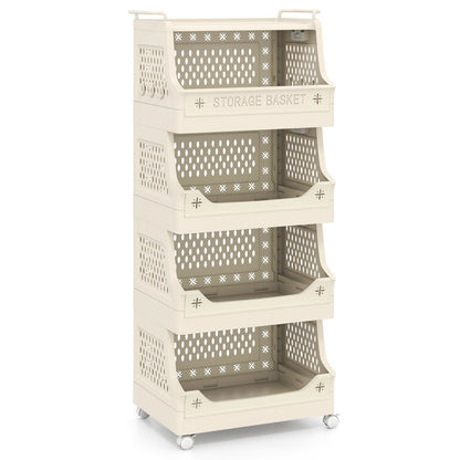 4-Tier Rolling Laundry Basket with Wheels Plastic Storage Cart with Side Hooks