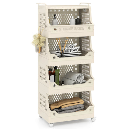 5-Tier Rolling Laundry Basket with Wheels Plastic Storage Cart with Side Hooks
