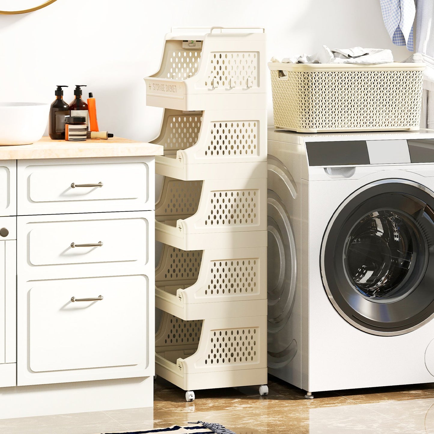 4-Tier Rolling Laundry Basket with Wheels Plastic Storage Cart with Side Hooks