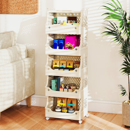 4-Tier Rolling Laundry Basket with Wheels Plastic Storage Cart with Side Hooks