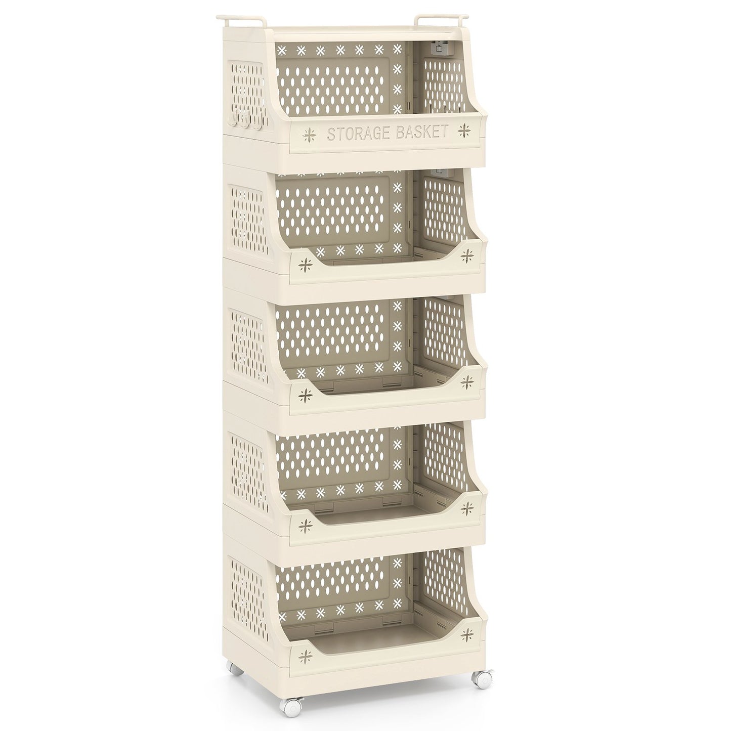 4-Tier Rolling Laundry Basket with Wheels Plastic Storage Cart with Side Hooks