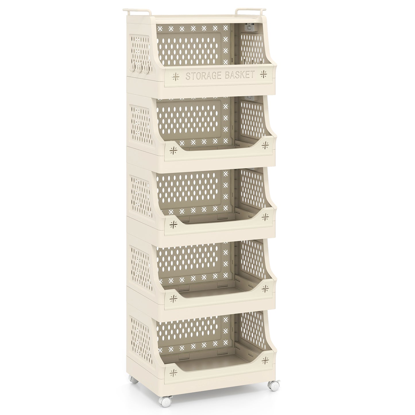 6-Tier Rolling Laundry Basket with Wheels Plastic Storage Cart with Side Hooks
