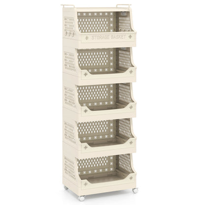 6-Tier Rolling Laundry Basket with Wheels Plastic Storage Cart with Side Hooks
