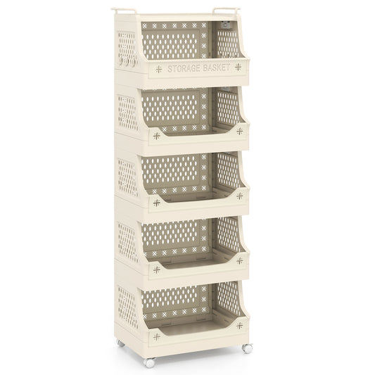 6-tier rolling laundry basket cart with wheels and side hooks, plastic storage for bath laundry organization