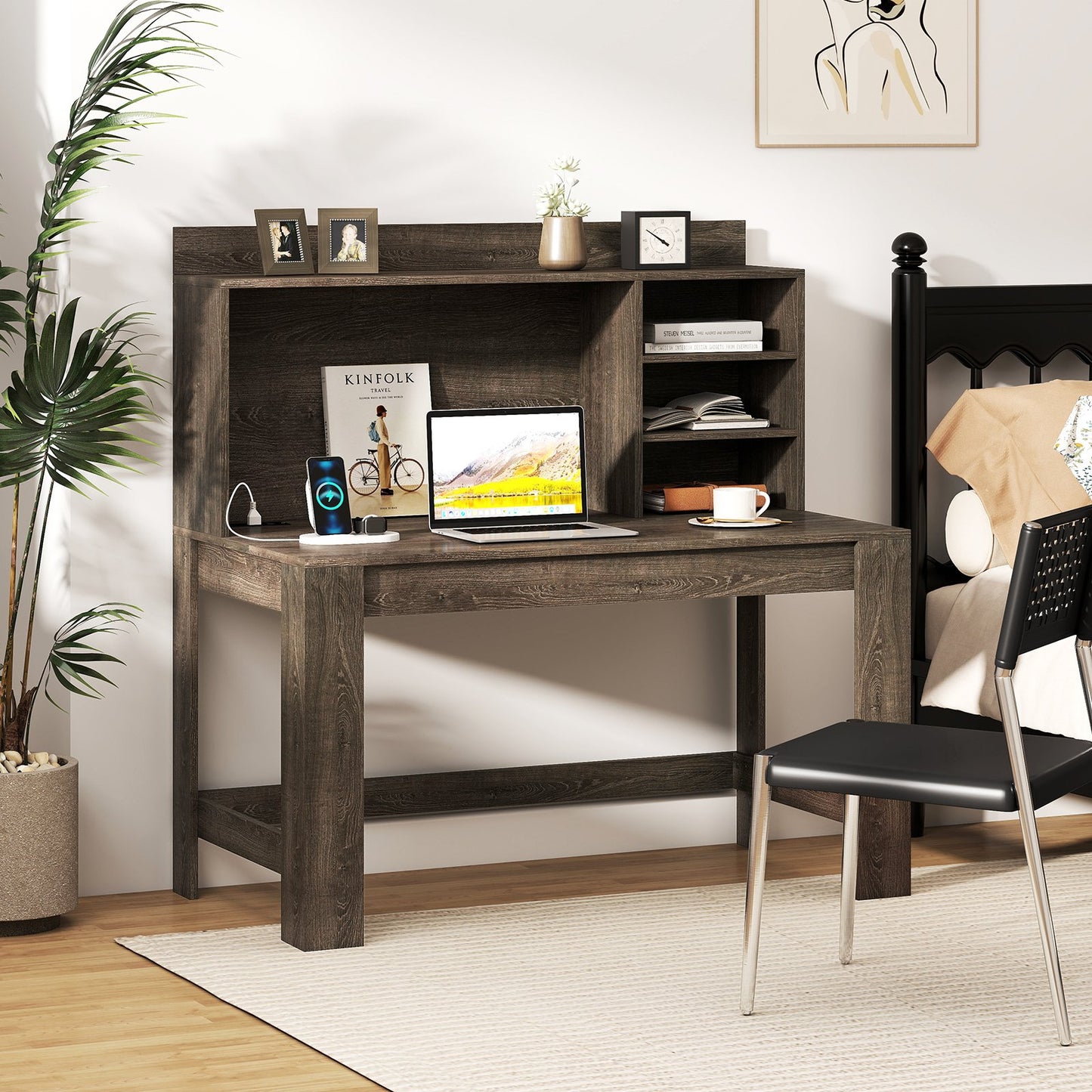 Modern Computer Desk with Hutch and Storage Shelves-Black