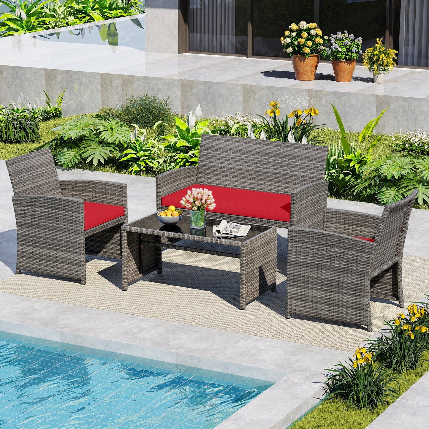 4 Piece Patio Conversation Set Rattan Chair Loveseat and Table Set-Black